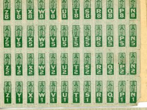 World War II War Ration Book 3 Point Stamps. It contains 4 rows of 12 stamps. 1 row of each 8, 5, 2, 1 point stamps