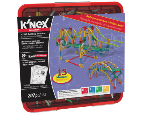 A red K’NEX Education kit for building 13 types of bridges, featuring colorful bridge models on the box. It includes 207 pieces, an educational guide, and is suitable for ages 8 and up.
