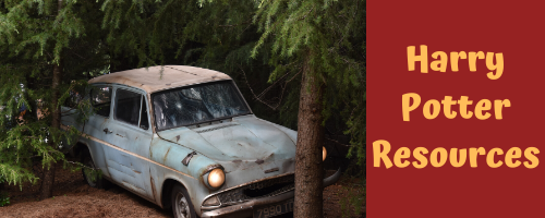 A picture of a beat-up car behind a skinny tree to the left of the words "Harry Potter Resources" in orange on a dark red background