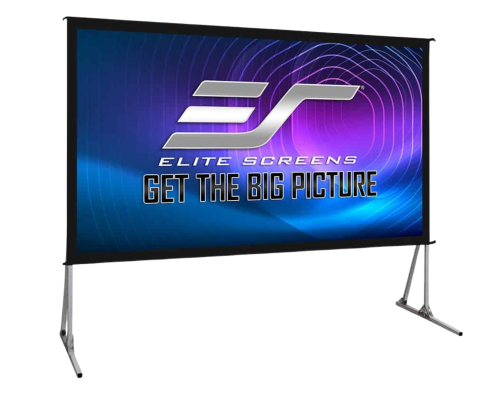 A portable projector screen with a blue and purple graphic, featuring the Elite Screens logo and the text GET THE BIG PICTURE. The screen is supported by two metal stands.