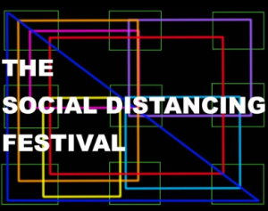 The word The above the words Social Distancing above the word Festival in white caps in front a of a series of colored overlapping lines in a square on a black background