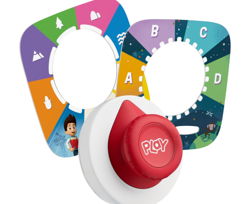A red PLAY knob with two colorful, illustrated learning dials featuring letters, numbers, and fun images, designed for interactive educational play.