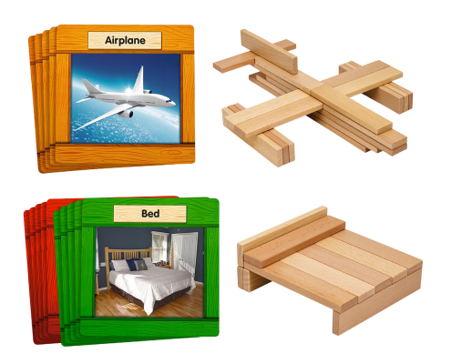 Two sets of cards and wooden blocks: one shows an airplane with matching blocks assembled, the other shows a bed with blocks formed into a bed shape.