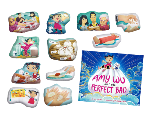 A collection of illustrated story pieces and a book cover showing a girl making bao with her family, inspired by Amy Wu and the Perfect Bao by Kat Zhang.