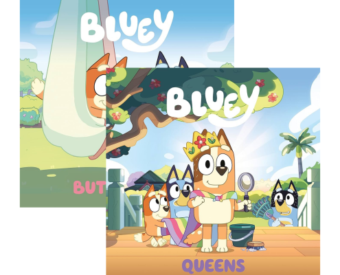 Two illustrated Bluey book covers. One shows a character on a swing with BUT partially visible; the other shows Bluey wearing a crown with friends around, and the word QUEENS at the bottom.
