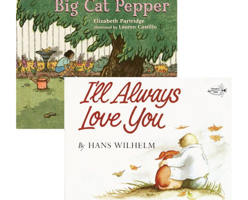 Two childrens book covers: Big Cat Pepper shows a child and a cat under a tree; Ill Always Love You shows a child hugging a dog on grassy ground, both with gentle, illustrated styles.