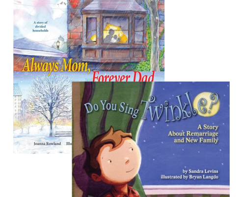Two childrens books about family changes: Always Mom, Forever Dad shows a boy looking out a snowy window, and Do You Sing Twinkle? shows a boy gazing at a night sky with stars.
