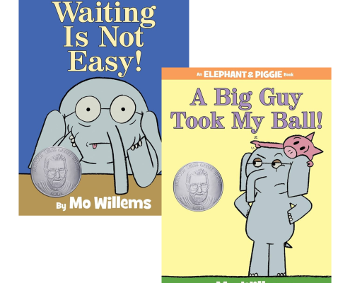 Two Elephant & Piggie books by Mo Willems. Covers show cartoon elephant Gerald and pig Piggie, each with a silver medal. Titles: Waiting Is Not Easy! and A Big Guy Took My Ball!.