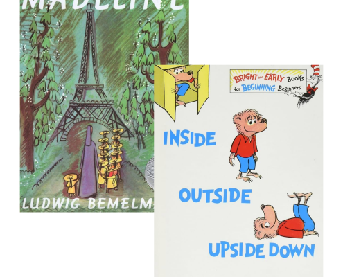 Two childrens book covers: Madeline by Ludwig Bemelmans, featuring girls near the Eiffel Tower, and Inside Outside Upside Down by Stan and Jan Berenstain, showing a bear in various positions.