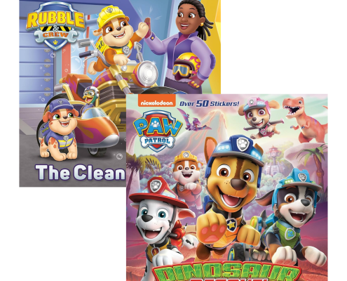 Two colorful Nickelodeon children’s books: one features Rubble and friends from Rubble & Crew, the other shows the PAW Patrol pups in Dinosaur Rescue! with dinosaurs and a volcano in the background.