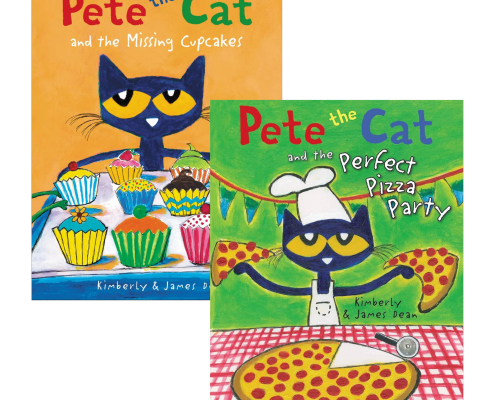 Two colorful book covers of Pete the Cat. One shows Pete with cupcakes; the other shows Pete dressed as a chef with a pizza. Both covers are illustrated with bright, playful colors.